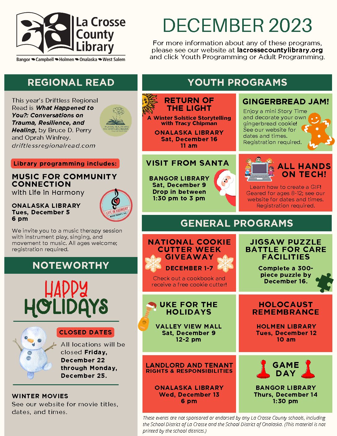 La Crosse County Library Programs – December